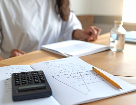 High School Student Studying STEM Math and Science at Desk with Calculator, Notebook, Pencil, and Water Bottle in Warm Sunlight
