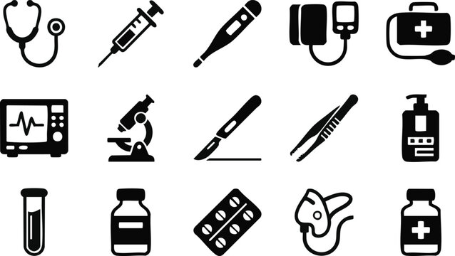 Black flat icons representing medical equipment and healthcare symbols on a white background