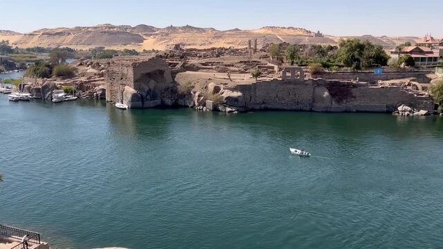 Scenic view of Philae Temple on the island in Aswan, Egypt. Ancient Egyptian architecture