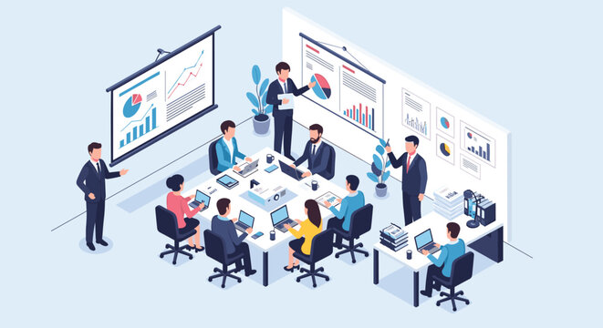 Professional isometric scene of a corporate team meeting around a conference table with charts and analysis.