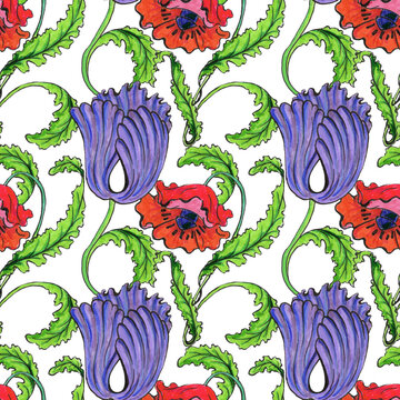 Art nouveau seamless pattern with purple and red flowers design