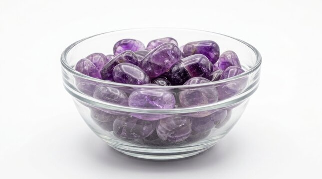 Polished amethyst gemstones poured into small glass bowl with semi precious amethyst gemstone polished spirituality collection gemology mineralogy treasure ornament wellness aesthetic