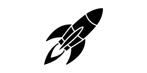 Rocket ship icon set with minimalist black silhouette featuring diagonal launch, circular porthole, engine blast lines with clean lines and flat graphic style,  Create a premium black silhouette © SujetaRani