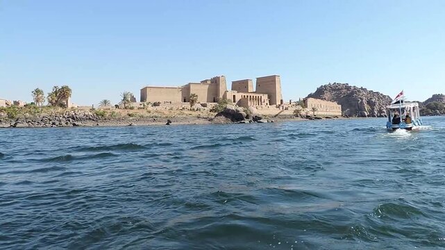 Scenic view of Philae Temple on the island in Aswan, Egypt. Ancient Egyptian architecture
