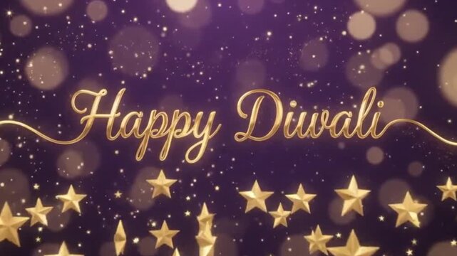 Happy diwali festive greeting card with elegant golden cursive typography and sparkling light particles on a dark purple background