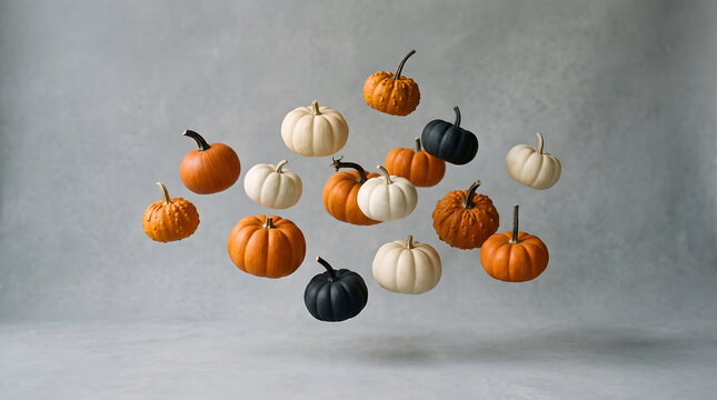 A surreal composition with small, varied pumpkins (orange, white, black) floating and suspended in a neutral, desaturated grey studio space