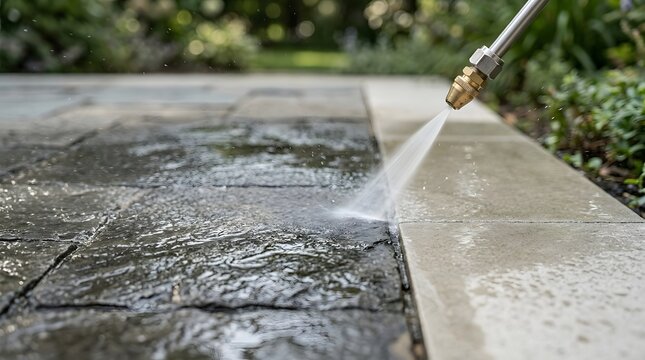 Pressure washing paving stones outdoors removing dirt from patio with high-pressure water stream. High pressure washer cleans patio, removes dirt from paving stones. pressure washing