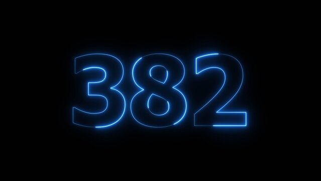 Glowing Blue Neon Number 382 on Black Background.