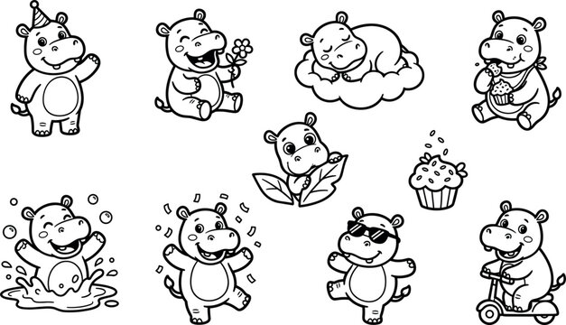 Cute cartoon hippo character vector stickers featuring happy little hippopotamus mascot pack in different poses and activities isolated on white background