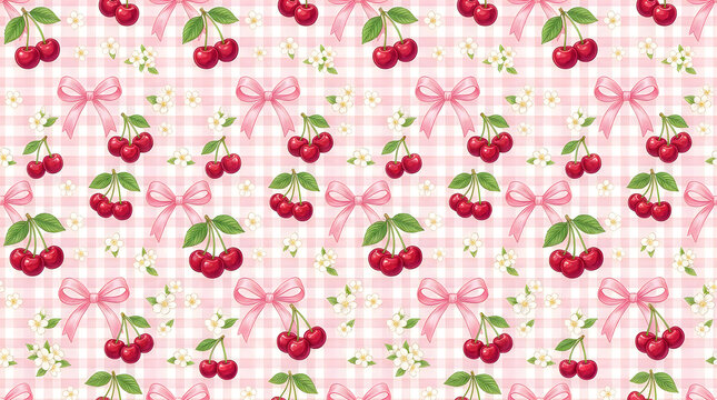 Seamless pattern with cute red cherries and pink bows on a light grid background