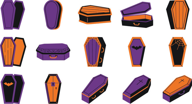 Collection of various halloween themed coffins and caskets in purple and orange colors isolated on a white background
