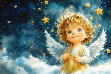Fototapeta premium Snowy Little Angel – Watercolor Holiday Character