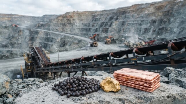 Diversified mine development with iron ore pellets, gold nugget, copper cathodes, conveyors, and pit wall in an industrial layout.