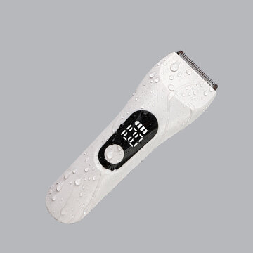 Product photography of a waterproof white electric beard trimmer and hair clipper covered in fresh water drops, isolated on a clean neutral grey background.