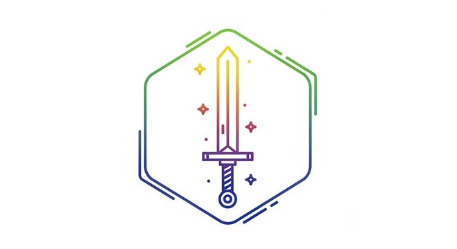 Fantasy Sword Icon with Rainbow Aura and Stars