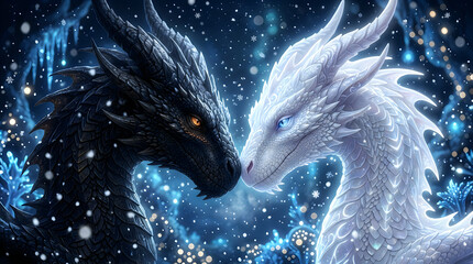 Two magical dragons facing each other in a dark night sky with glowing blue stars and sparkles © MdRajibul