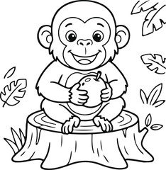 Fototapeta premium Cartoon monkey sitting on a tree stump with a coconut black and white line drawing primate simian tropical