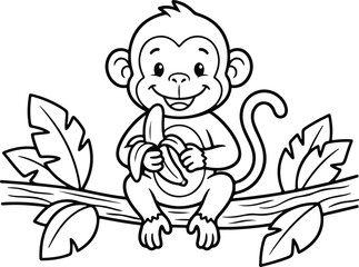 Cartoon monkey peeling a banana while sitting on a branch black and white line art illustration primate mammal