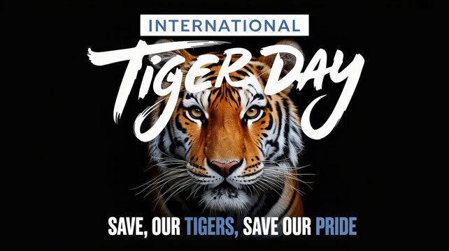 International Tiger Day: Dramatic close-up tiger face with piercing eyes on black International Tiger Day poster.