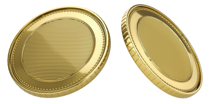 Blank gold coins mockup with ribbed central part and concentric circles. 3d illustration isolated on white
