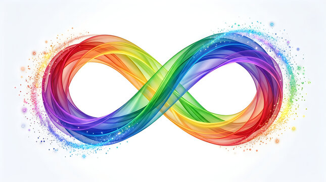 A vibrant rainbow infinity symbol created with watercolor paint splashes for mental health day awareness and neurodiversity support concepts