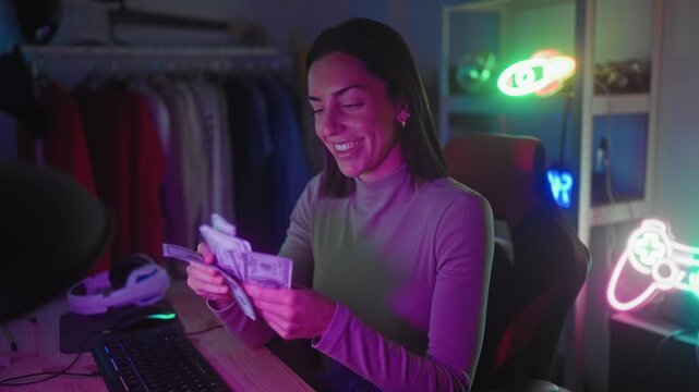 Woman counting dollars in studio, fingers fanning bills while smiling at gaming setup and keyboard; winning joy.