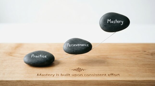 Stones representing mastery practice and perseverance on a wooden stand