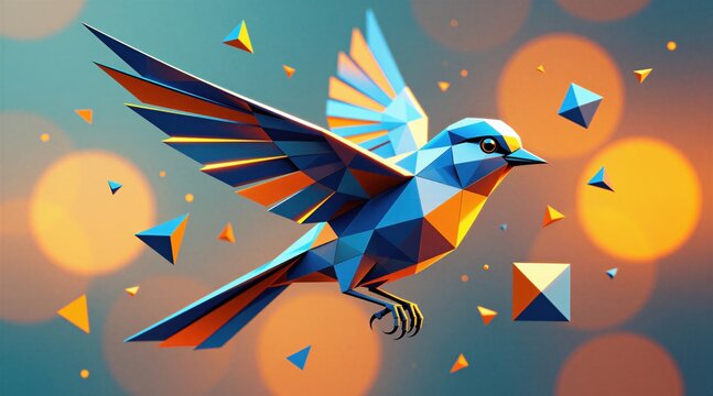 Geometric bird flies with wings spread. Blue and orange polygons form abstract shape. Small triangles float around. Out of focus circles create bokeh effect. Digital art style.