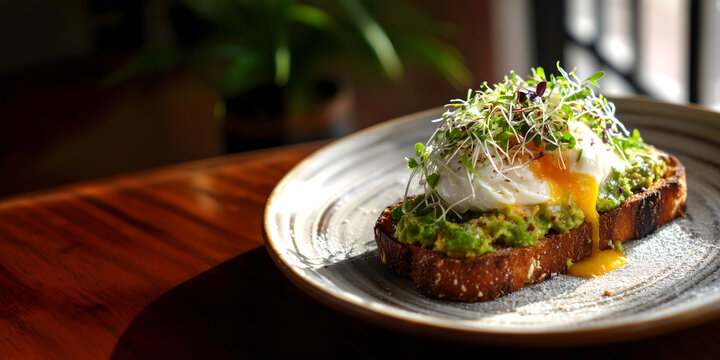 Creative food template. Poached egg with runny yolk on toasted slice bread with smashed avocado fruit, microgreens vegetable with golden hour evening lights shining. copy text space. long banner