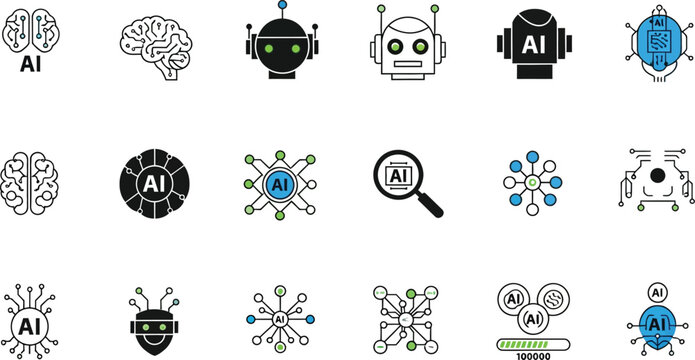 Set of artificial intelligence and machine learning icons featuring robots brains and data network symbols