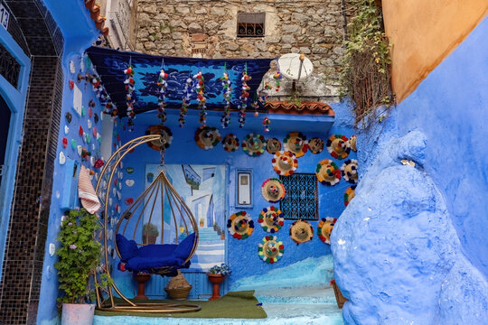 Traditional Moroccan house architecture details in blue town Chefchauen in Morocco