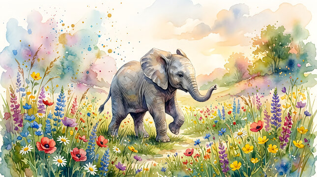 Cute baby elephant walking in a colorful flower meadow with summer wildflowers