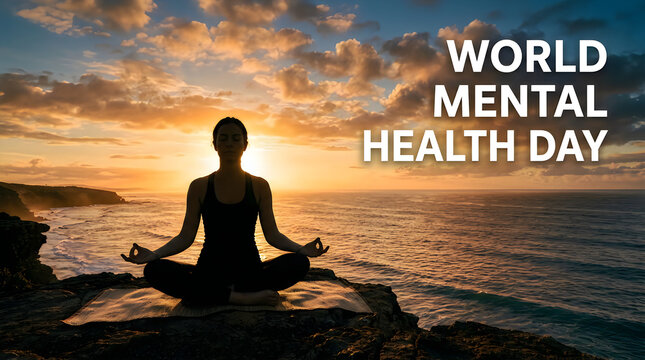 A person practicing meditation on a rocky cliff during a beautiful sunset for world mental health day awareness campaign