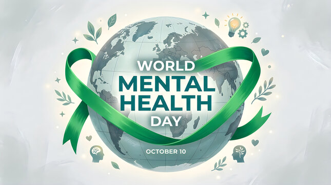 World mental health day concept illustration featuring a globe wrapped in a green awareness ribbon with floral decorative elements