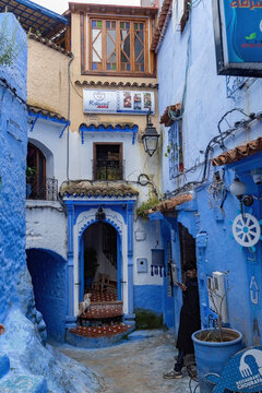 Traditional Moroccan house architecture details in blue town Chefchauen in Morocco