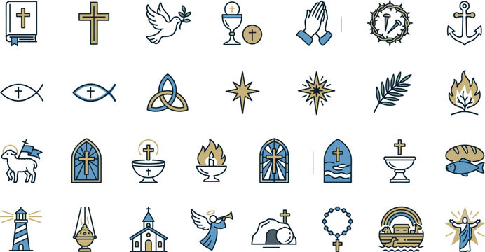 Christian religion vector icon set with traditional church symbols including bible cross dove holy chalice lamb angel resurrection and prayer elements isolated on white background