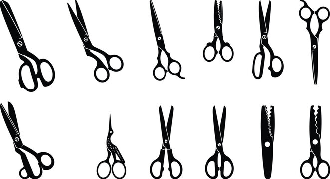 Collection of various scissor silhouettes including sewing, hair cutting, kitchen, and craft shears isolated on a white background for