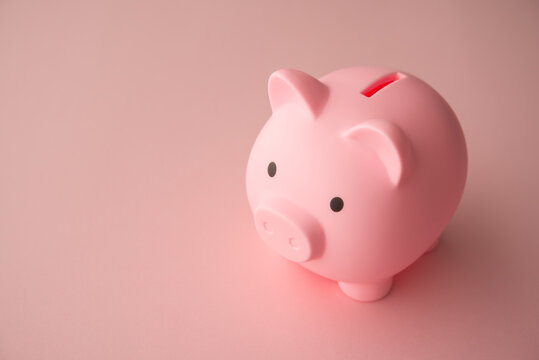 Pink piggy bank on pink background copy space. Savings money account, personal financial planning, wealth or risk management, financial literacy, banking and so on concept.