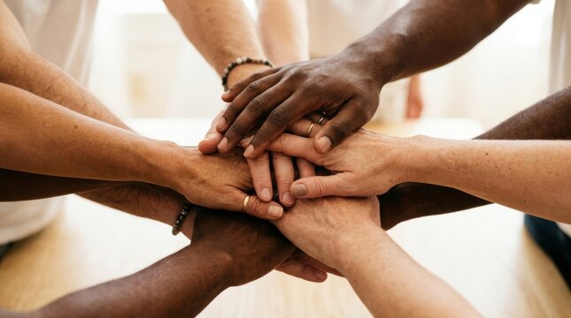 Close-up of team hands stacked together demonstrating unity in natural daylight