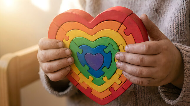 A person holding a colorful wooden heart puzzle to support awareness and wellbeing during world mental health day celebration
