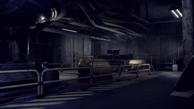 Dim factory bay with conveyor units and overhead piping, rows of inactive machinery under cold lights, abandoned production vibe with cinematic desolation