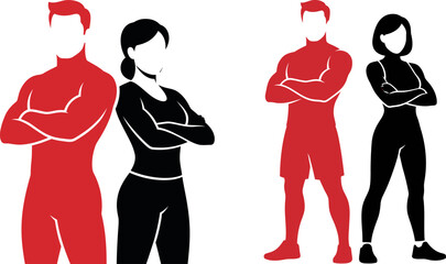 Two pairs of male and female superhero characters standing together in red and black tactical costumes © MdLatifur