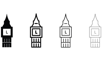 Fototapeta premium Four variations of the big ben clock tower displayed in black, bold outline, thin outline, and light line styles on white background