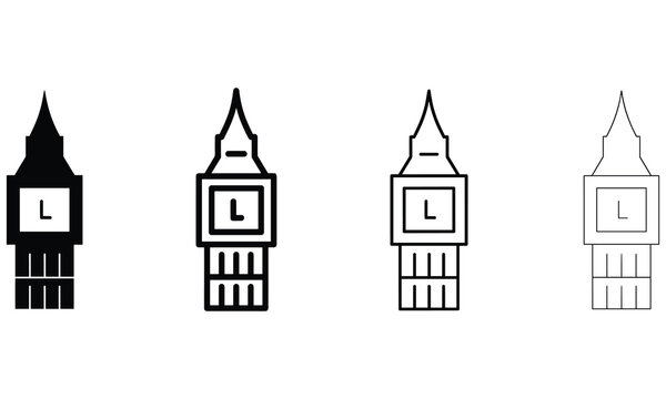 Four variations of the big ben clock tower displayed in black, bold outline, thin outline, and light line styles on white background