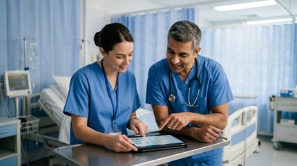 Fototapeta premium Collaborative Charting Session between a Nurse and Physician Updating a Shared Tablet at Bedside