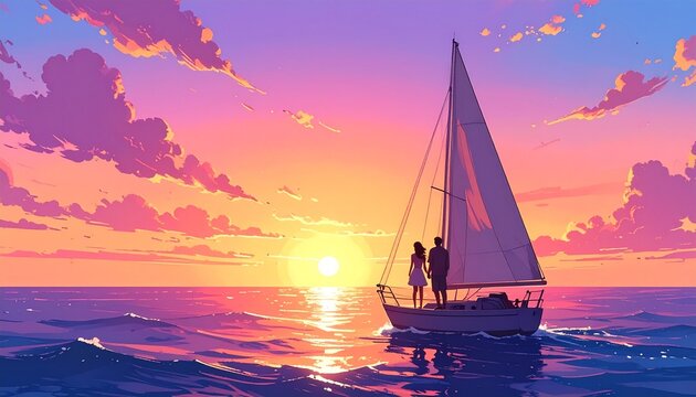 Sailboat gliding across vibrant sunset ocean waters.