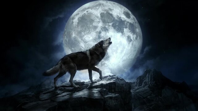 Lone Wolf Howling at a Massive Full Moon in a Dark, Dramatic Wilderness Scene Cinematic Nature Photography