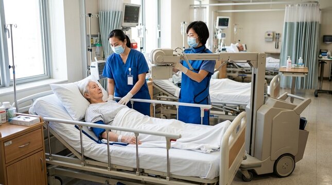 Portable X-ray Technician Positioning Equipment beside a Bedridden Patient with a Nurse Assisting