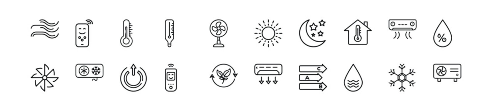 Air conditioner line icons set with climate control, cooling, heating, temperature, humidity, fan, remote, ventilation, eco, energy & more vector illustration with editable stroke.