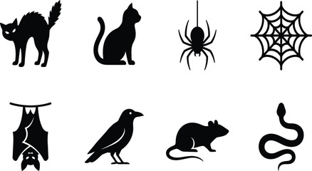 Obraz premium Halloween Animal Icon Set with Black Cat, Spider, Bat, Raven, Rat, and Snake Silhouettes